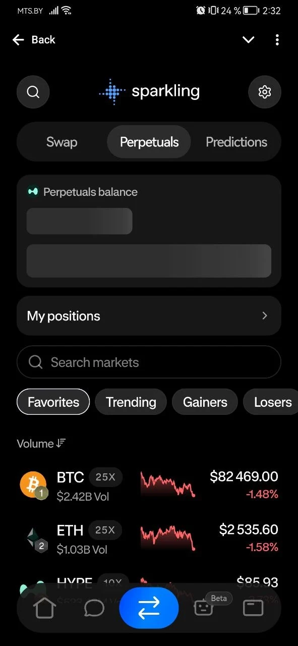 Perpetuals monitoring section in the Sparkling app.