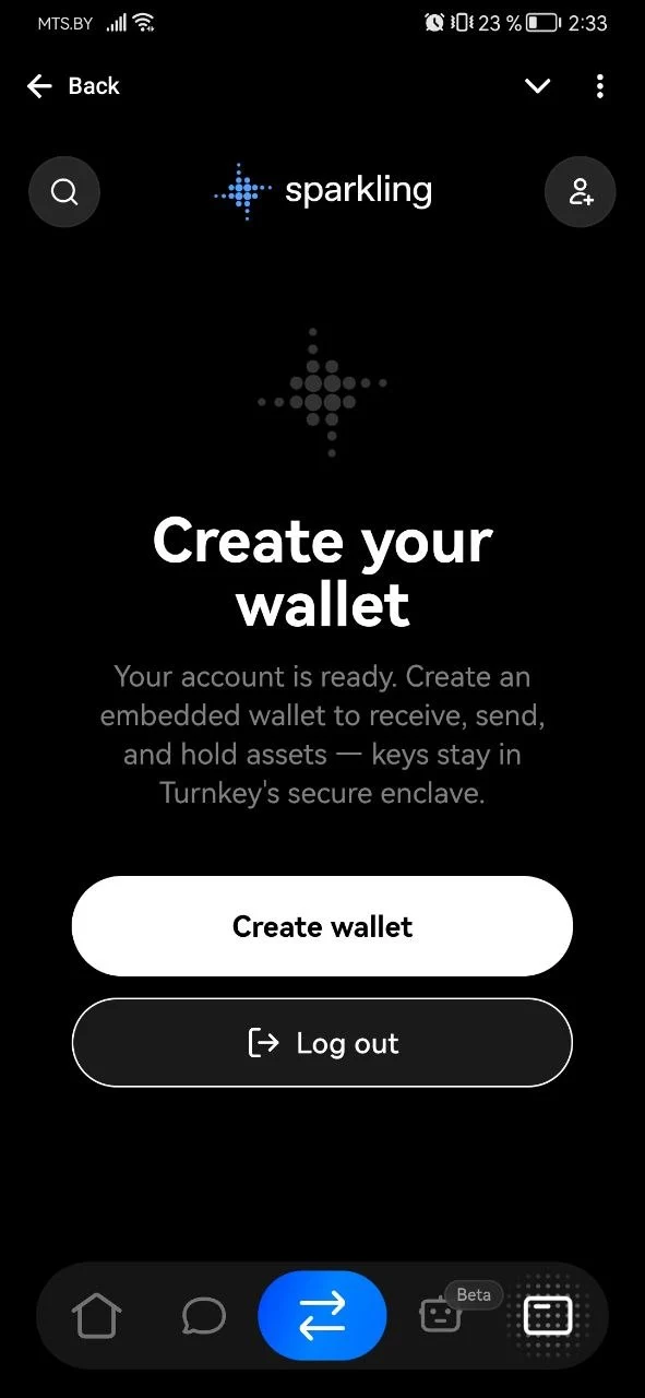 Wallet connection screen in the Sparkling app.